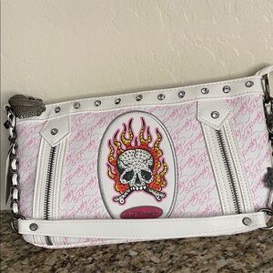 Ed Hardy Pink & White Logo Skull Handbag